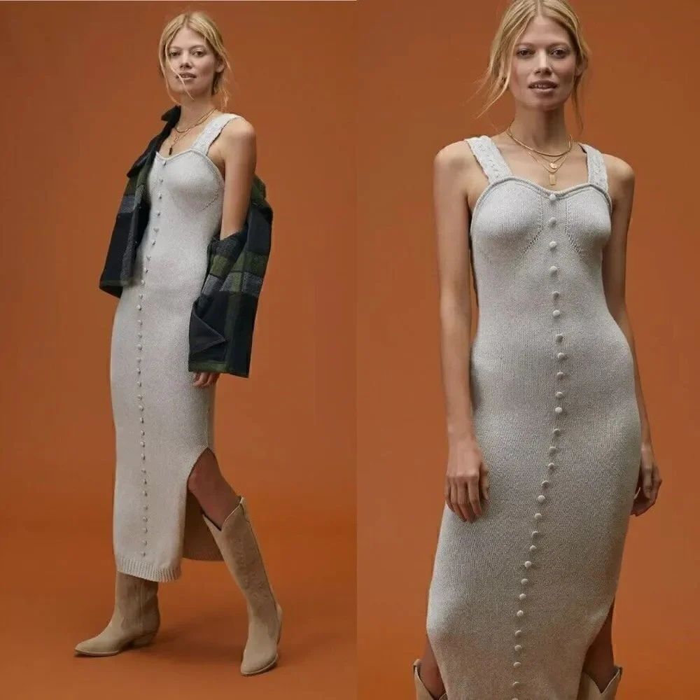 Anthropologie Joslin Slim Midi Dress Gray Linen Cotton Blend Knit M Medium NWT